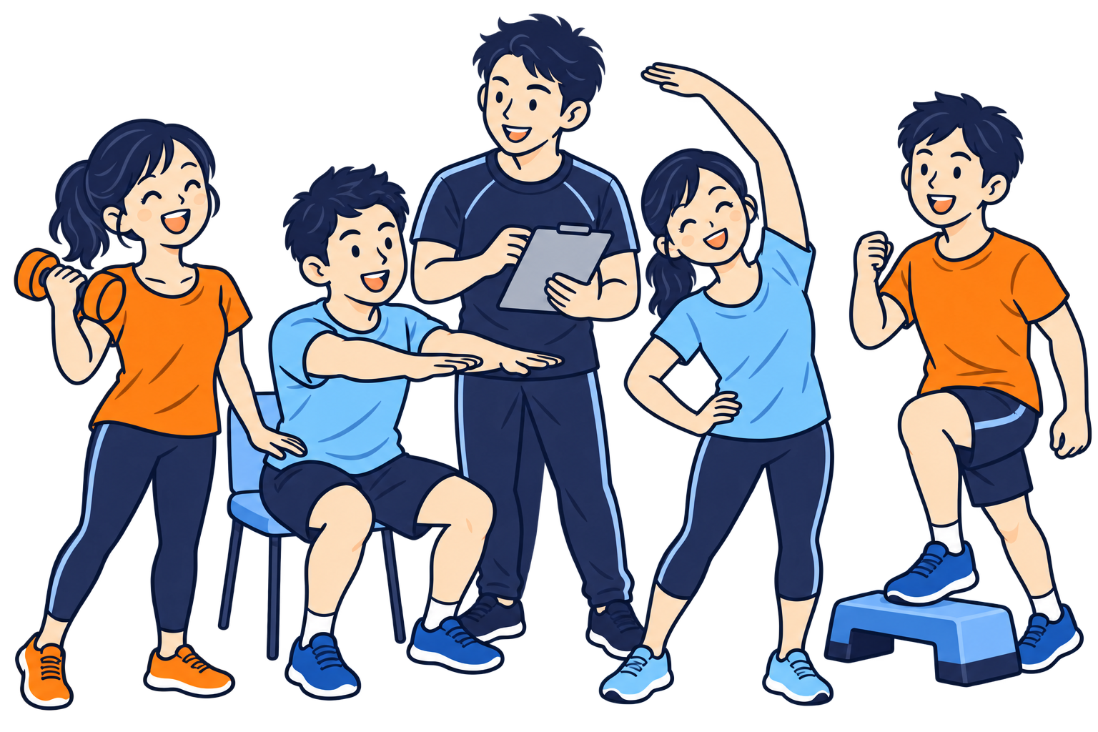 1人のトレーナーが、それぞれ異なるトレーニングに取り組む4人をサポートするイラスト